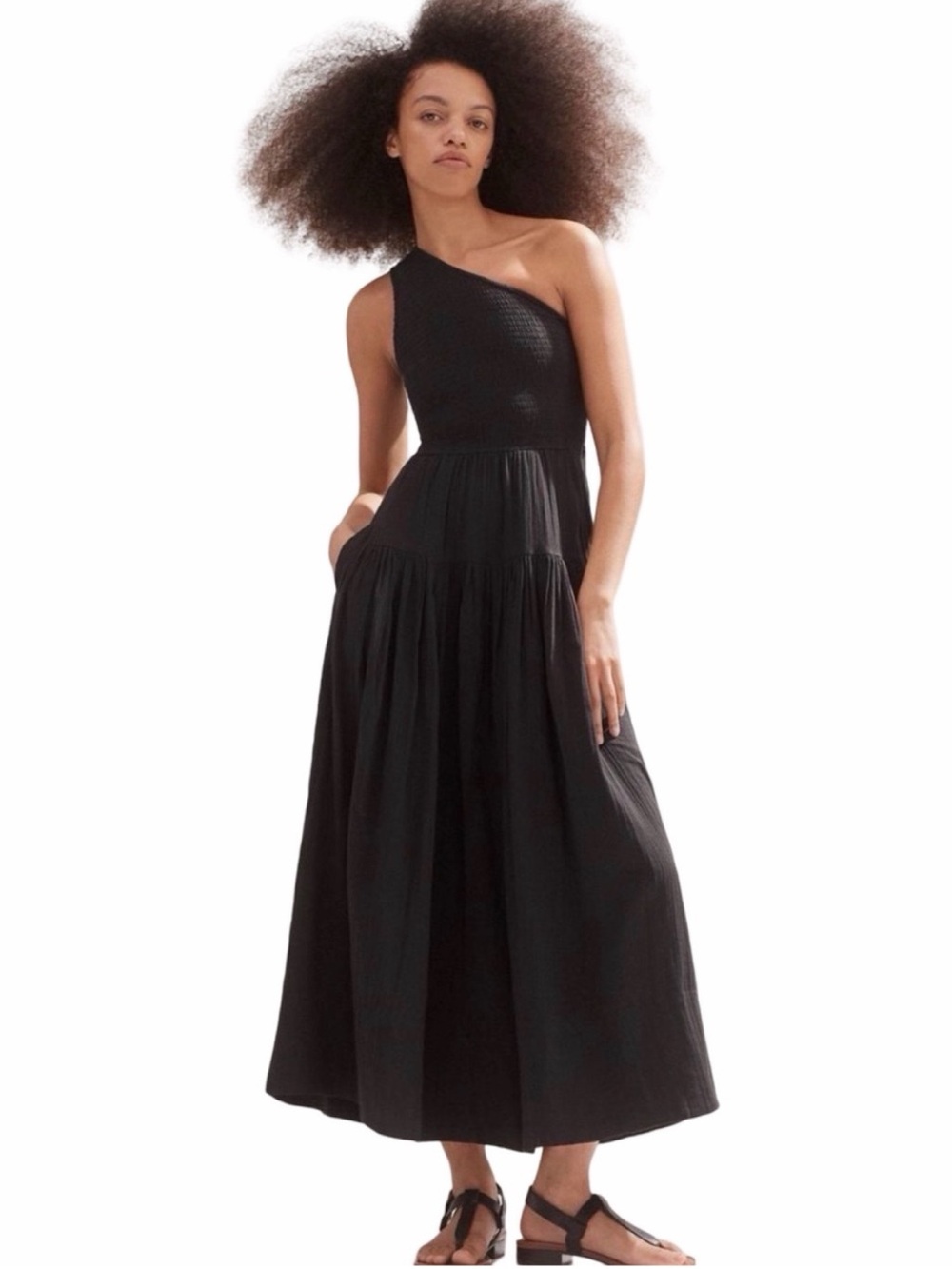 NWT ME+EM Cheesecloth Shirred One Shoulder Maxi Dress - Size US 10 (Black) NWT